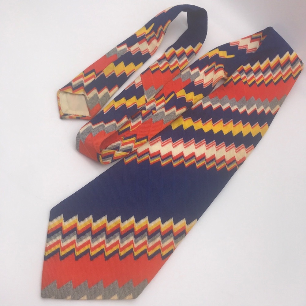 Vintage Mens Necktie Wide ZigZag Blue Knit Funky 70’s Tie